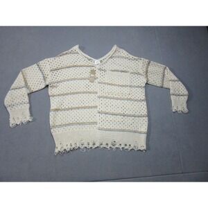 BKE Buckle Sweater Womens XS Beige Striped Eyelets Knit V Neck Destructed Fray